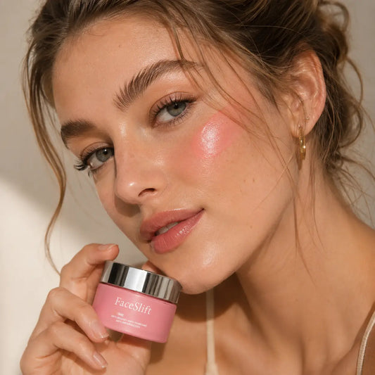 FaceSlift Firming Facial Cream in pink luxury jar displayed with a radiant woman, anti-ageing moisturiser designed to help improve skin firmness.