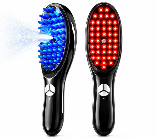 Woman using a red and blue LED hair revitalising brush designed to support healthier-looking hair and scalp care